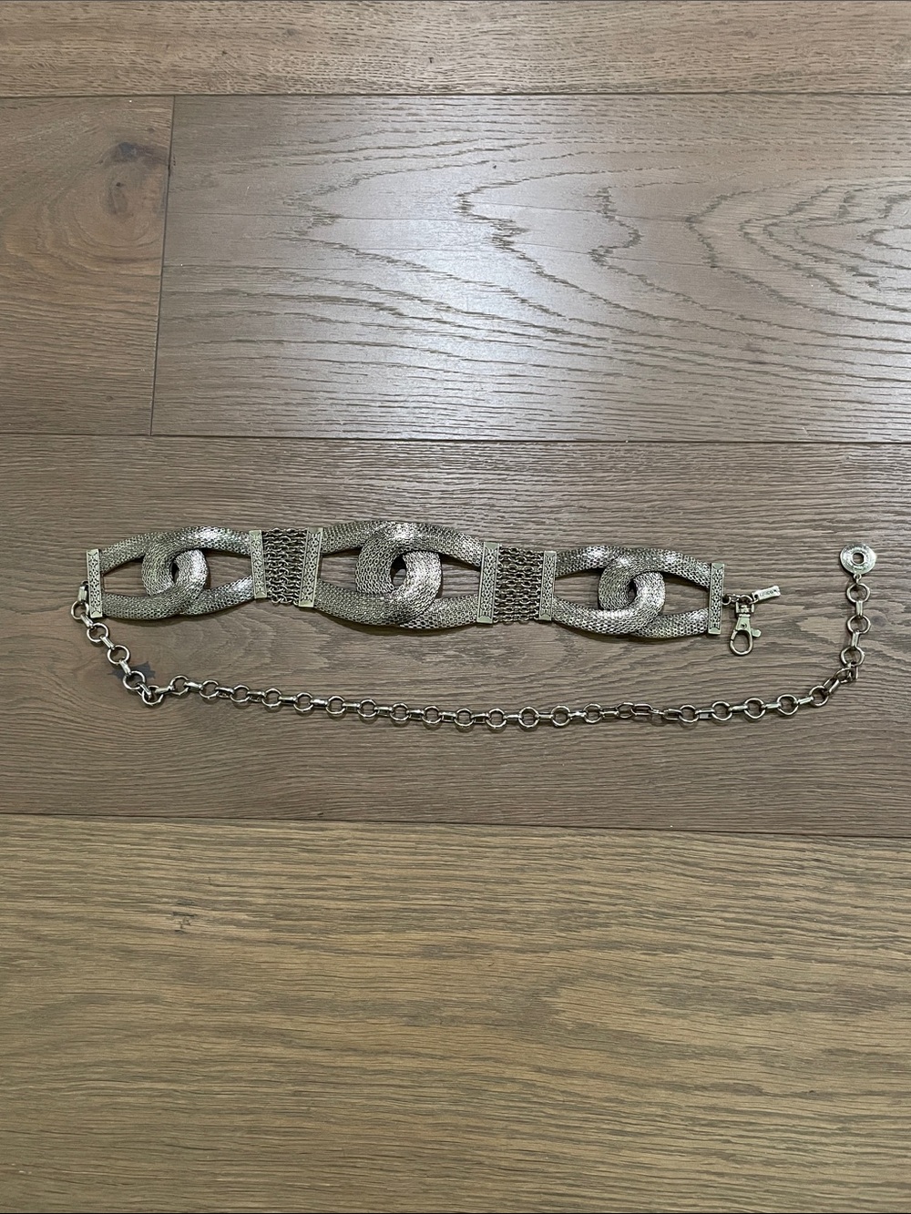 Vintage Chico's Chain Belt OS Mesh Interlocking Link Silver Tone Statement